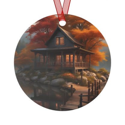 Metal Ornament — Autumn Lakeside Cabin Holiday Decoration - Round / One Size - Home Decor