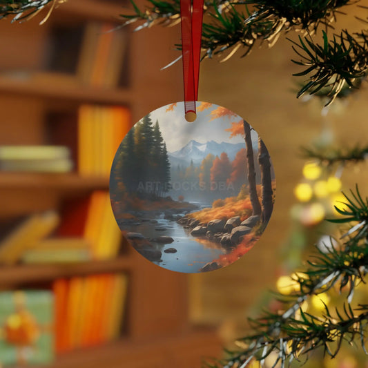 Metal Ornament — Autumn Mountain River Scenic Holiday Decoration - Round / One Size - Home Decor