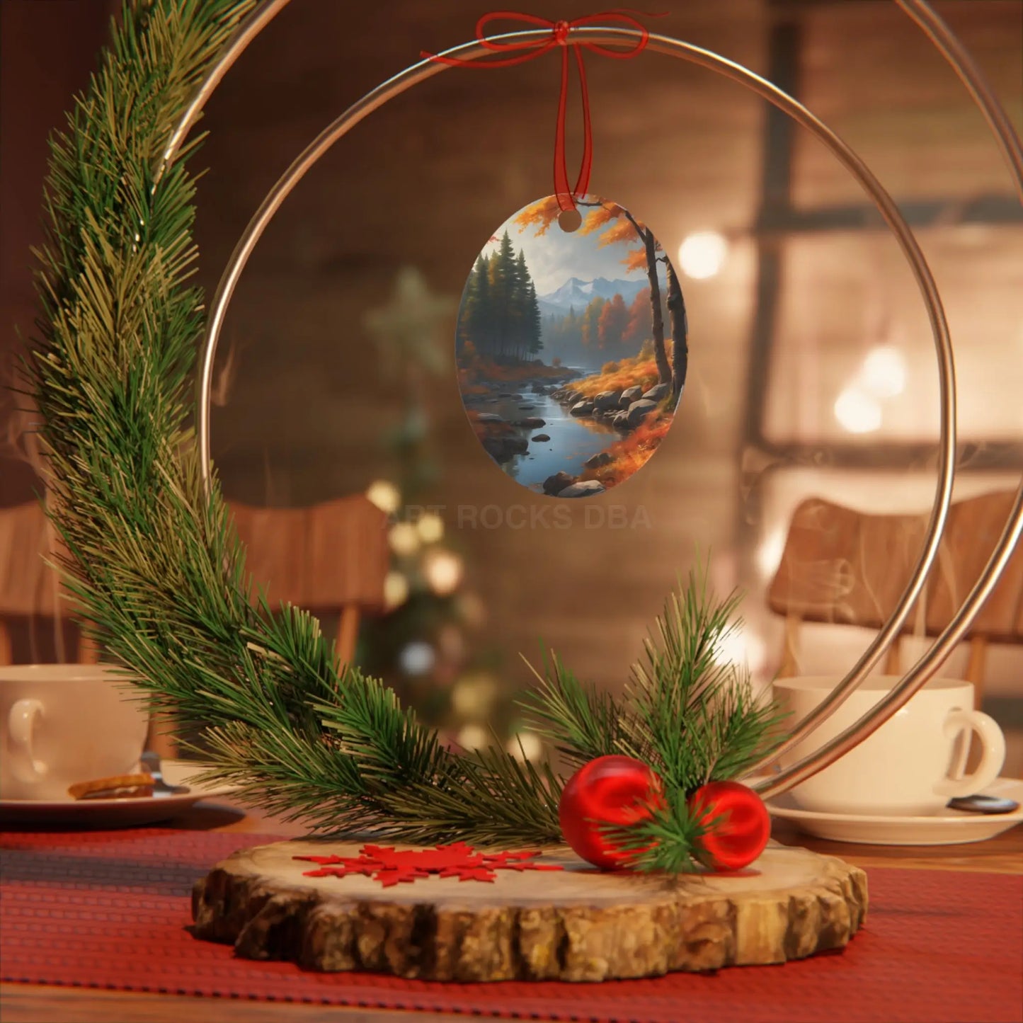 Metal Ornament — Autumn Mountain River Scenic Holiday Decoration - Home Decor