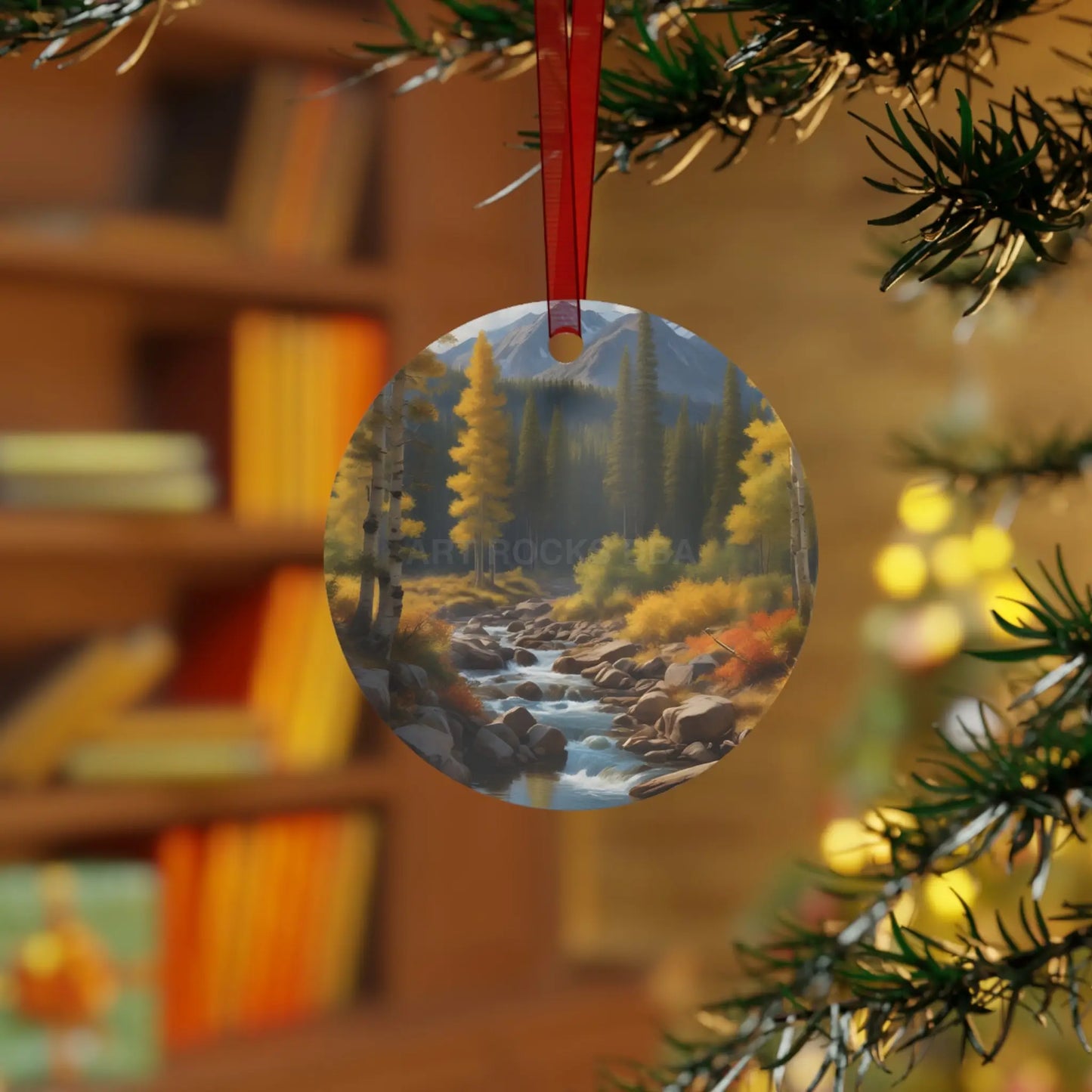 Metal Ornament — Autumn River Forest Scenery Holiday Decoration - Home Decor