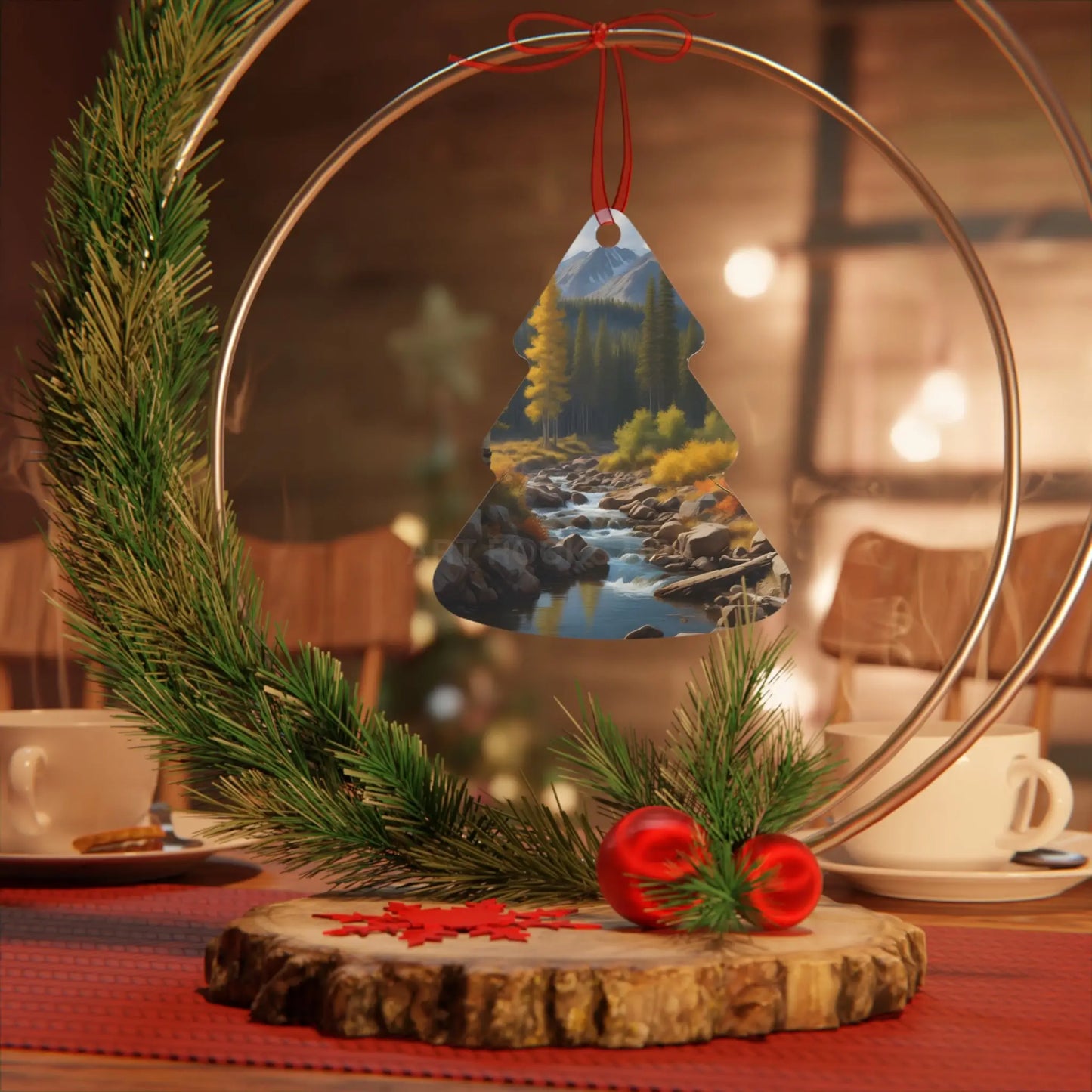 Metal Ornament — Autumn River Forest Scenery Holiday Decoration - Home Decor