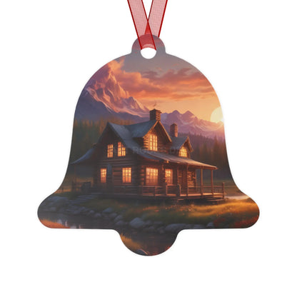 Metal Ornament – Cozy Mountain Cabin Sunset Holiday Decoration - Bell / One Size - Home Decor