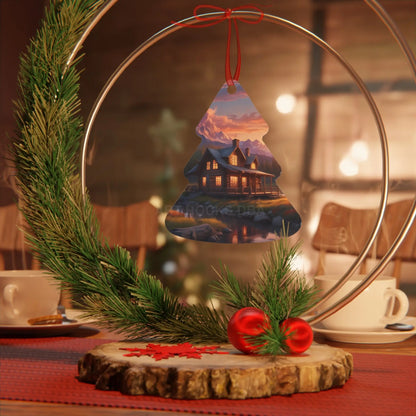 Metal Ornament – Cozy Mountain Cabin Sunset Holiday Decoration - Home Decor