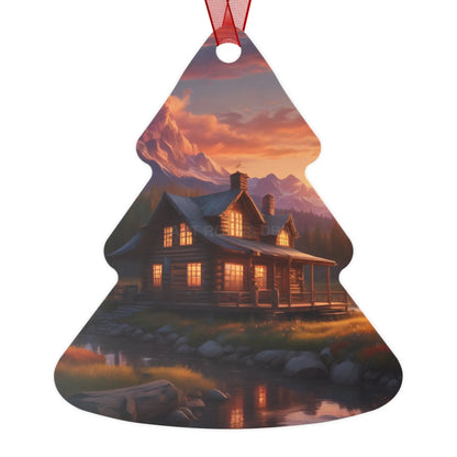 Metal Ornament – Cozy Mountain Cabin Sunset Holiday Decoration - Home Decor