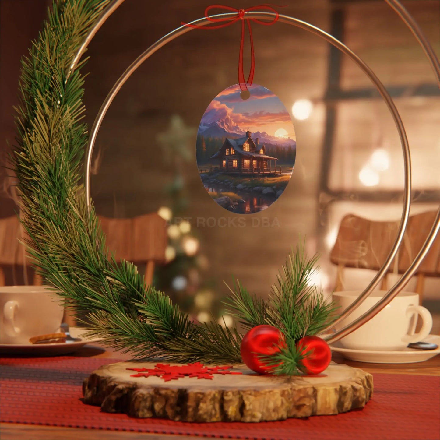 Metal Ornament – Cozy Mountain Cabin Sunset Holiday Decoration - Home Decor