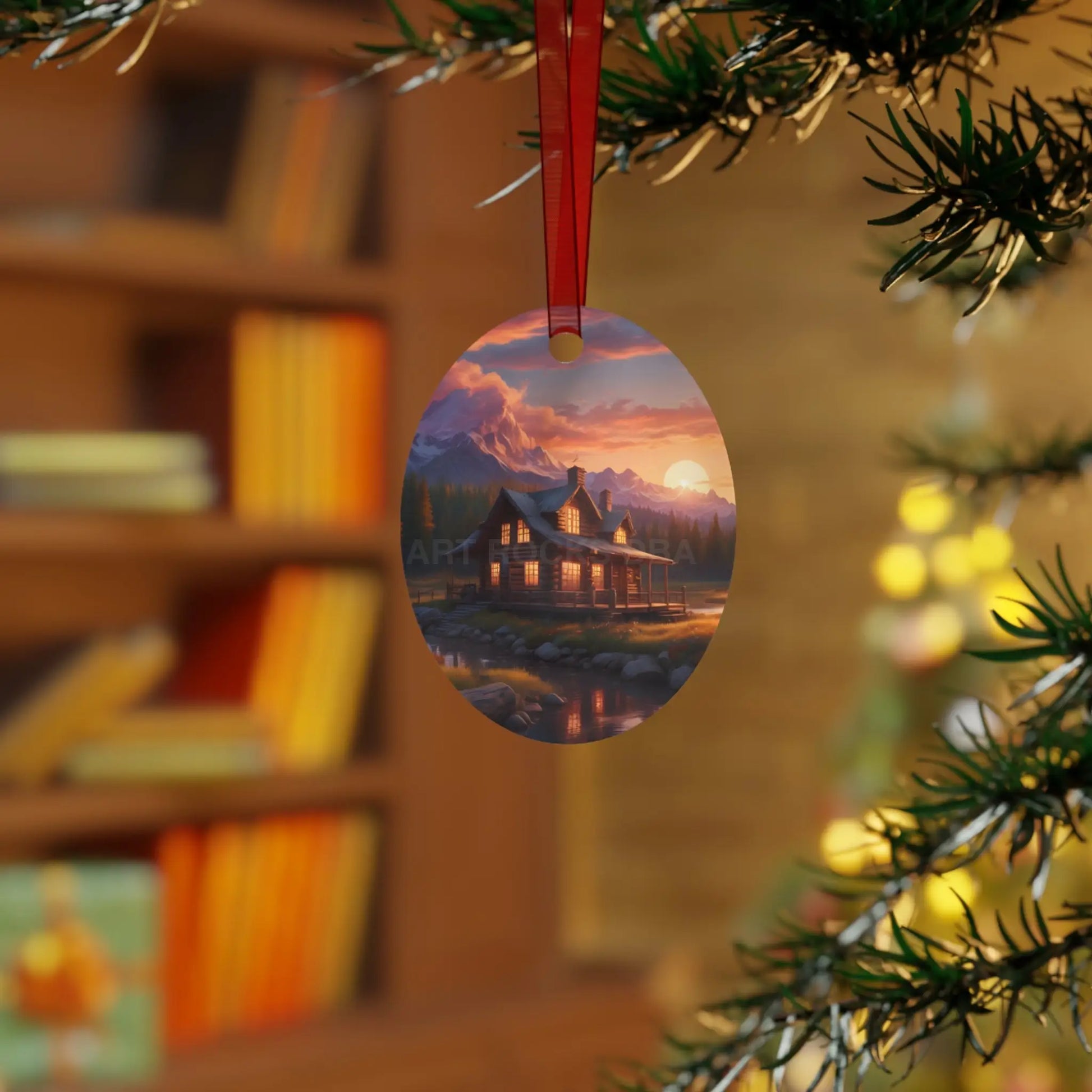 Metal Ornament – Cozy Mountain Cabin Sunset Holiday Decoration - Home Decor