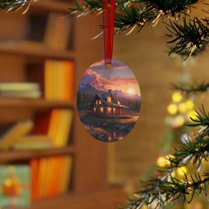 Metal Ornament – Cozy Mountain Cabin Sunset Holiday Decoration - Home Decor