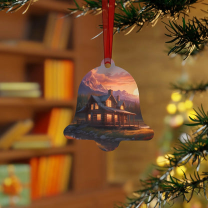 Metal Ornament – Cozy Mountain Cabin Sunset Holiday Decoration - Home Decor