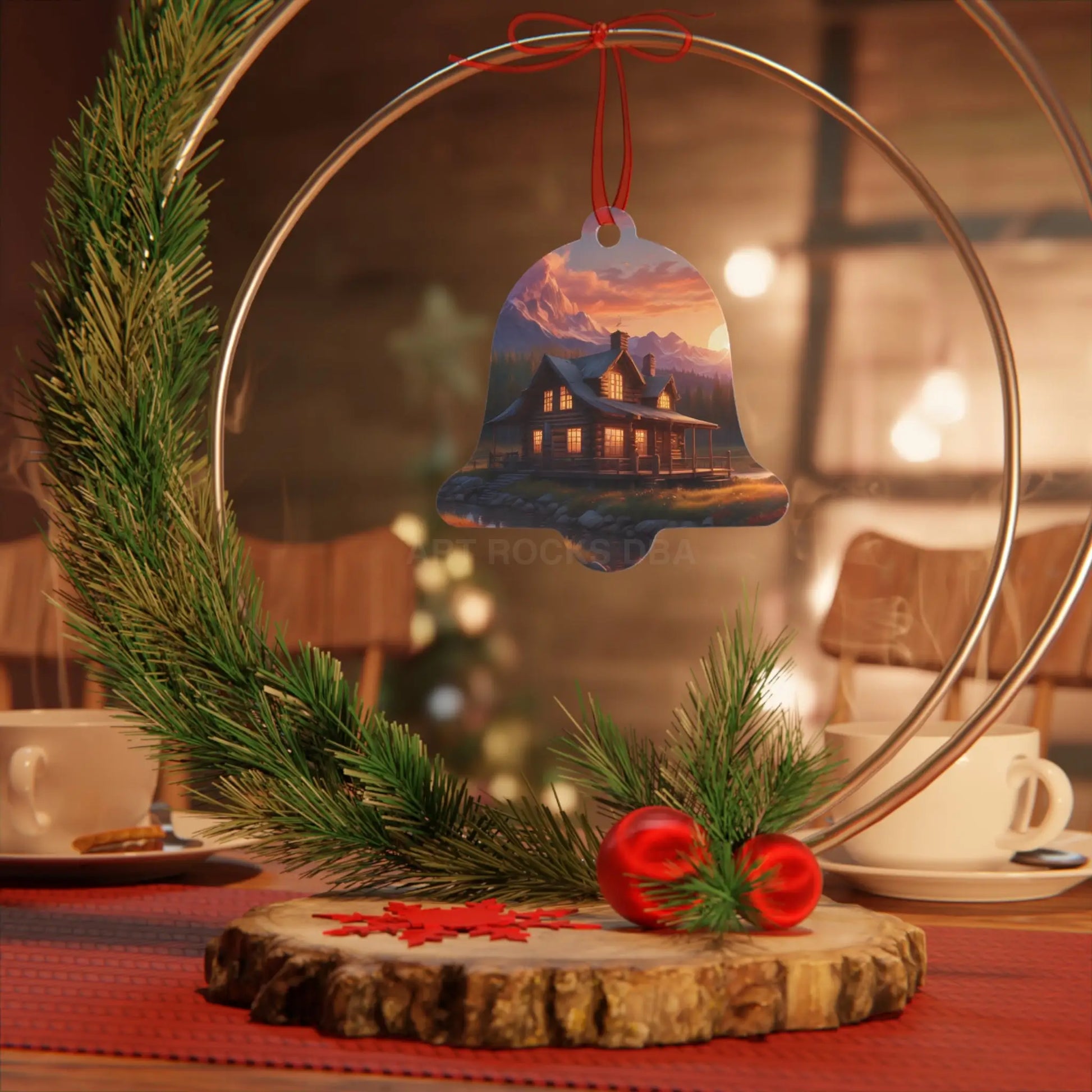 Metal Ornament – Cozy Mountain Cabin Sunset Holiday Decoration - Home Decor
