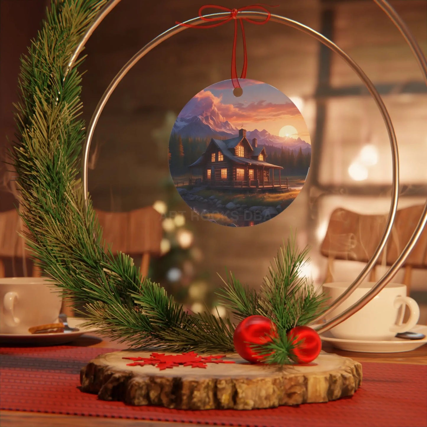 Metal Ornament – Cozy Mountain Cabin Sunset Holiday Decoration - Home Decor