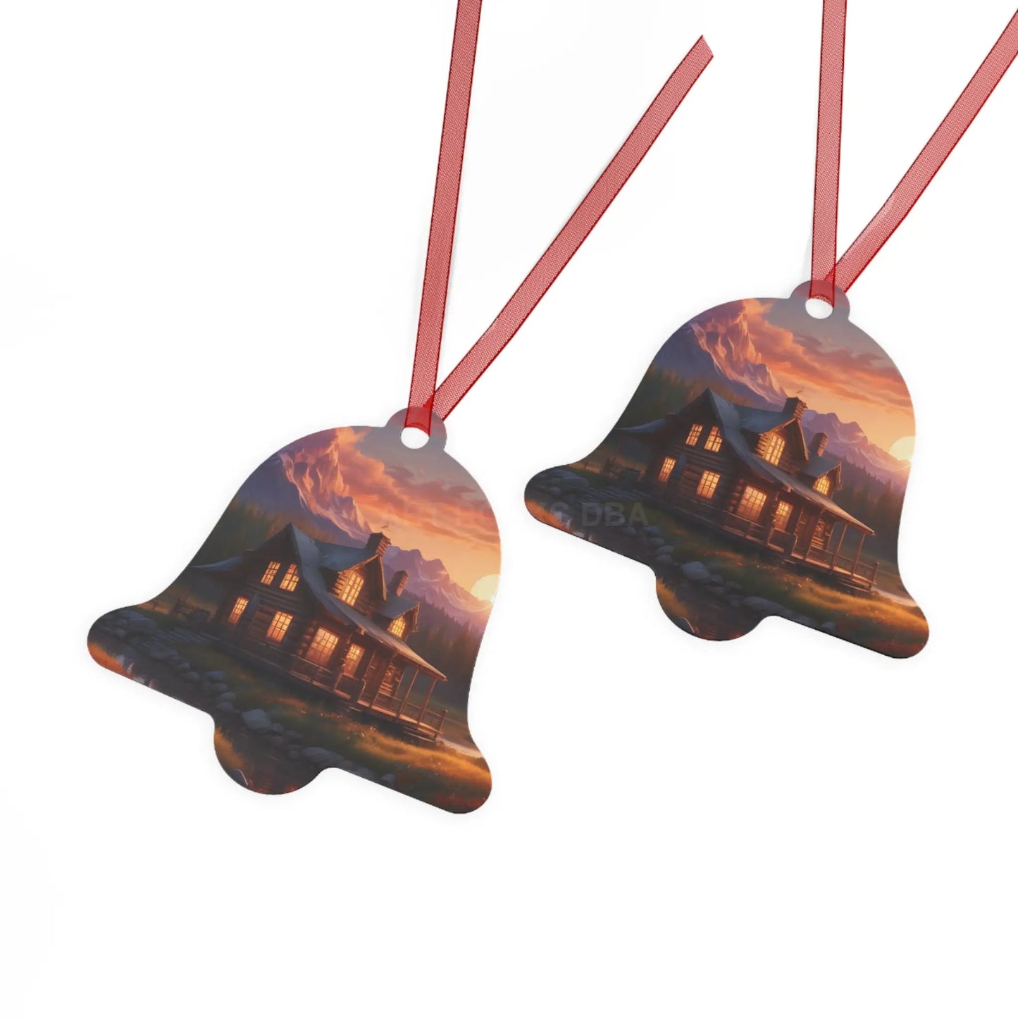 Metal Ornament – Cozy Mountain Cabin Sunset Holiday Decoration - Home Decor