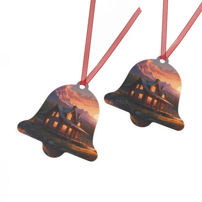 Metal Ornament – Cozy Mountain Cabin Sunset Holiday Decoration - Home Decor