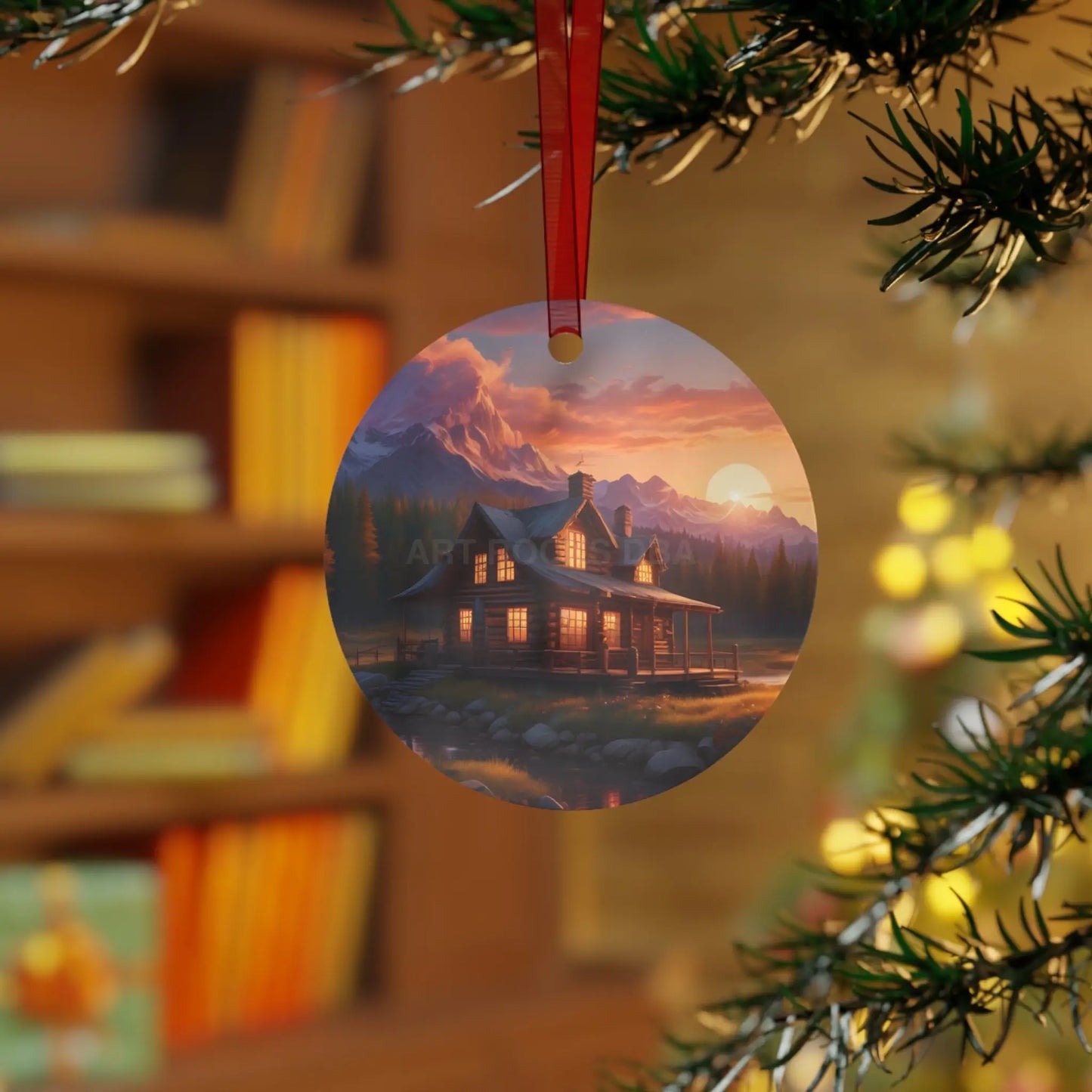 Metal Ornament – Cozy Mountain Cabin Sunset Holiday Decoration - Home Decor