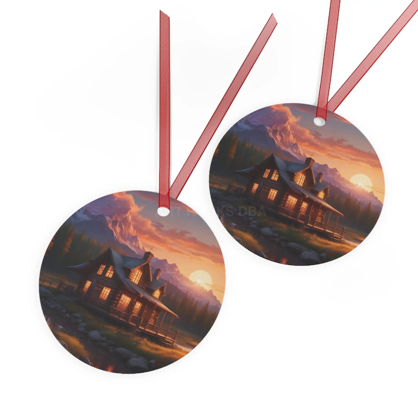 Metal Ornament – Cozy Mountain Cabin Sunset Holiday Decoration - Home Decor