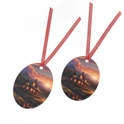 Metal Ornament – Cozy Mountain Cabin Sunset Holiday Decoration - Home Decor