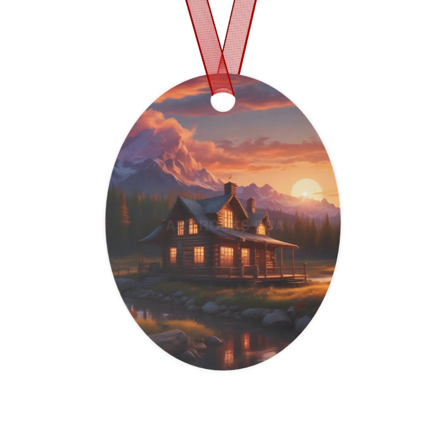 Metal Ornament – Cozy Mountain Cabin Sunset Holiday Decoration - Oval / One Size - Home Decor