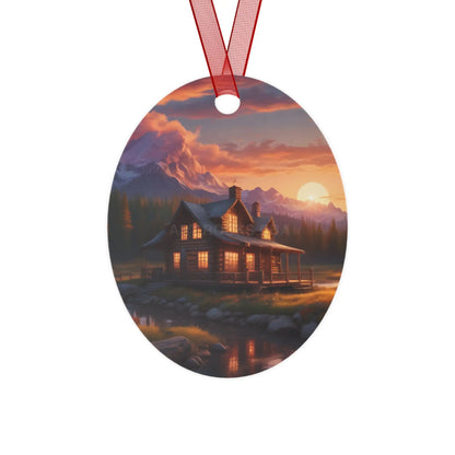 Metal Ornament – Cozy Mountain Cabin Sunset Holiday Decoration - Oval / One Size - Home Decor