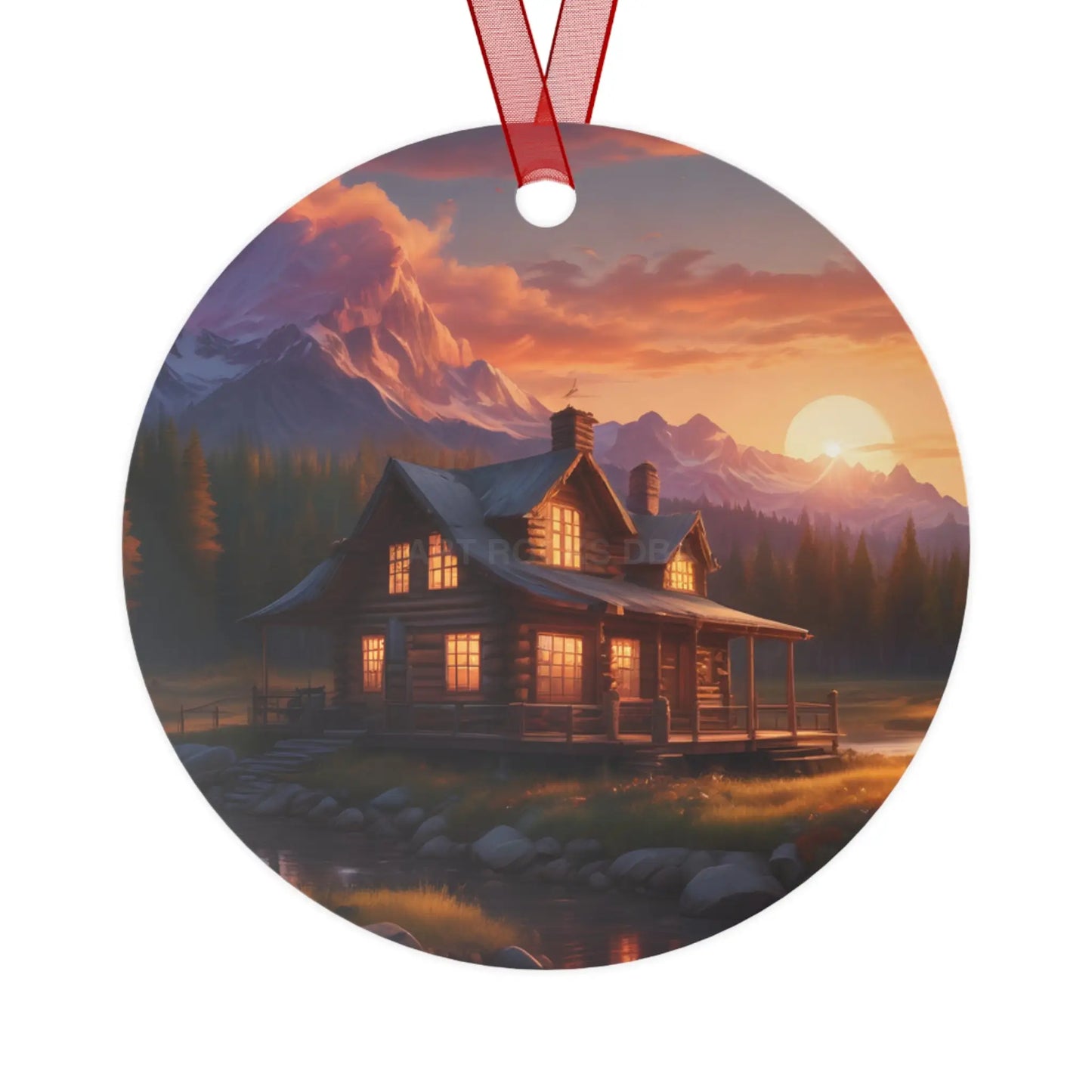 Metal Ornament – Cozy Mountain Cabin Sunset Holiday Decoration - Round / One Size - Home Decor