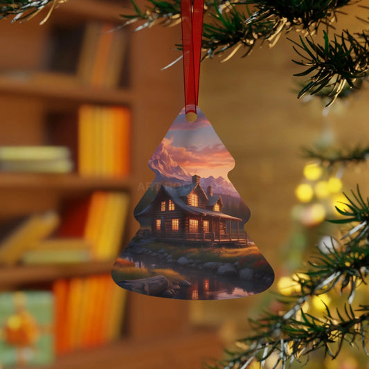 Metal Ornament – Cozy Mountain Cabin Sunset Holiday Decoration - Tree / One Size - Home Decor