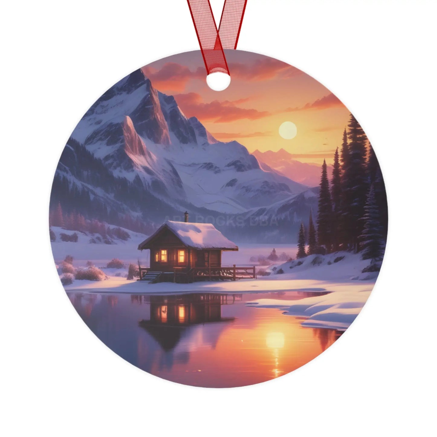 Metal Ornament — Cozy Mountain Cabin Winter Sunset Holiday Decor - Round / One Size - Home Decor