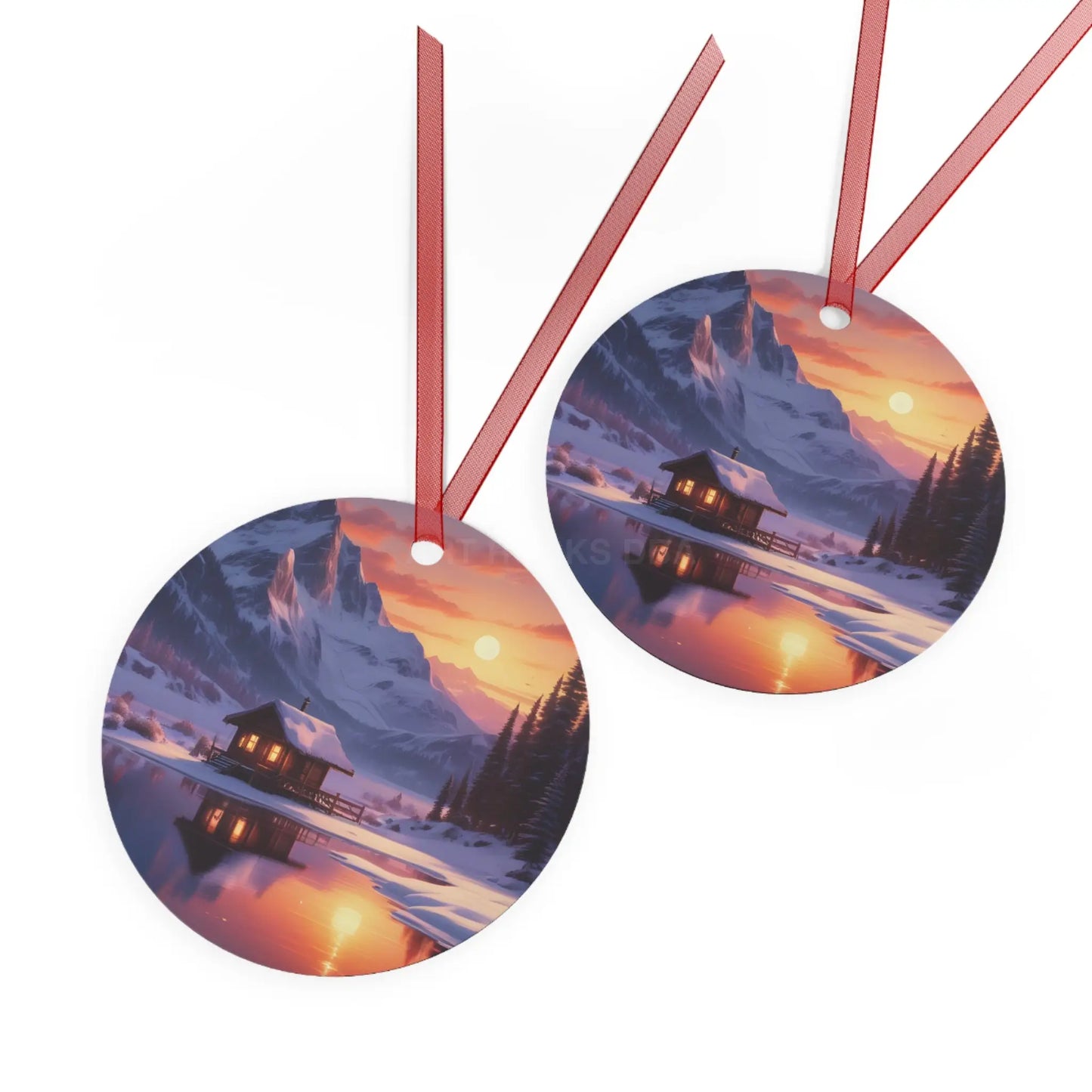 Metal Ornament — Cozy Mountain Cabin Winter Sunset Holiday Decor - Home Decor