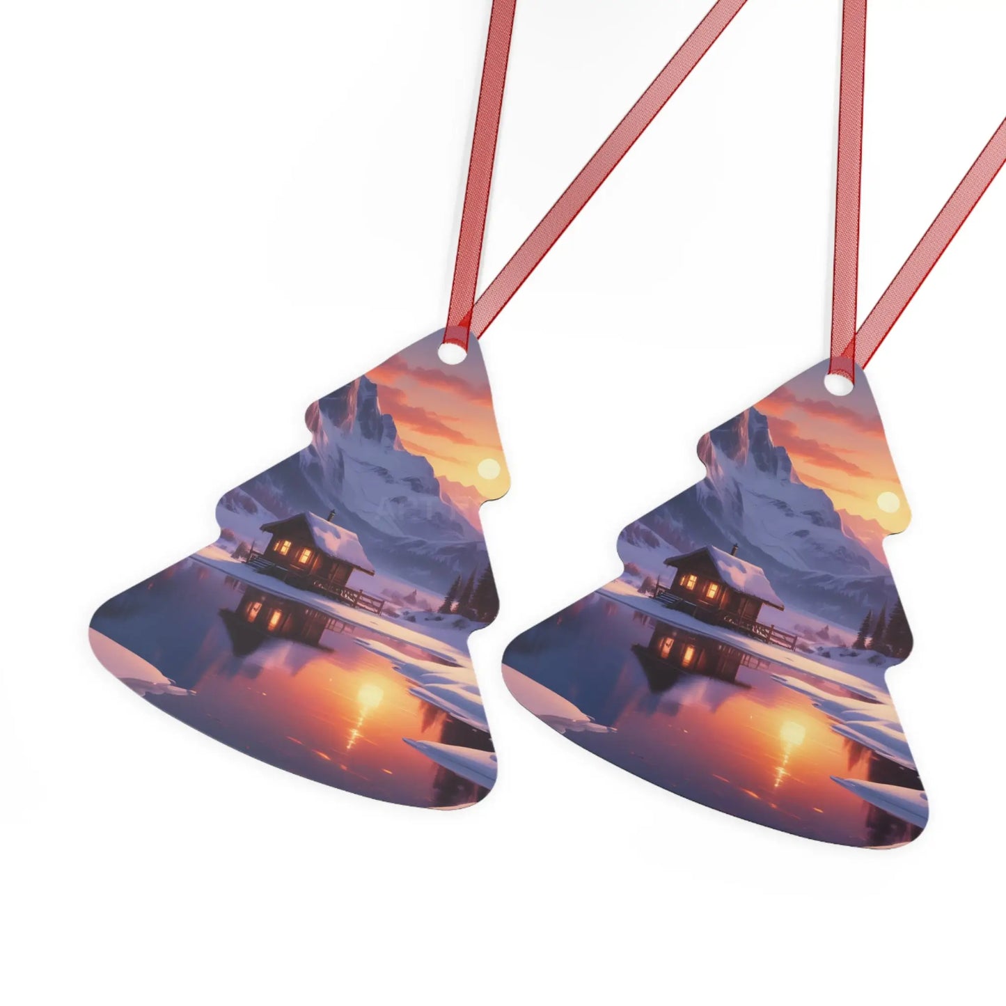 Metal Ornament — Cozy Mountain Cabin Winter Sunset Holiday Decor - Home Decor