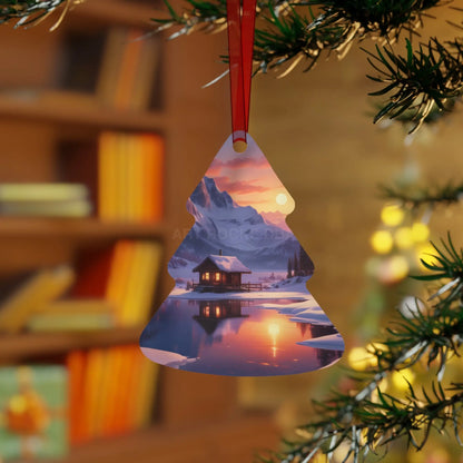 Metal Ornament — Cozy Mountain Cabin Winter Sunset Holiday Decor - Home Decor