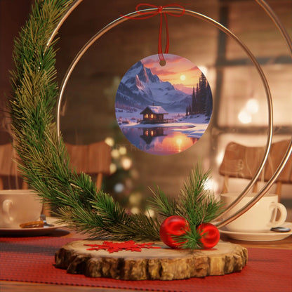 Metal Ornament — Cozy Mountain Cabin Winter Sunset Holiday Decor - Home Decor