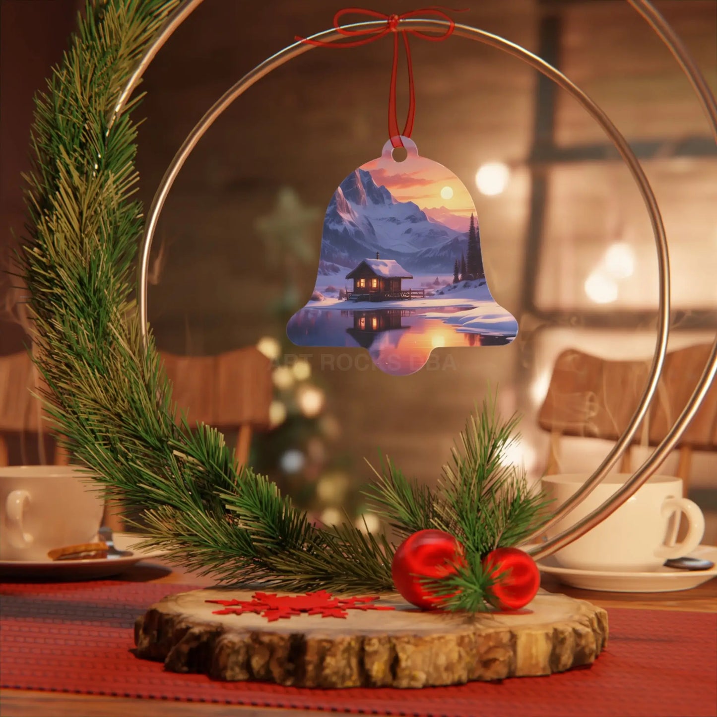 Metal Ornament — Cozy Mountain Cabin Winter Sunset Holiday Decor - Home Decor