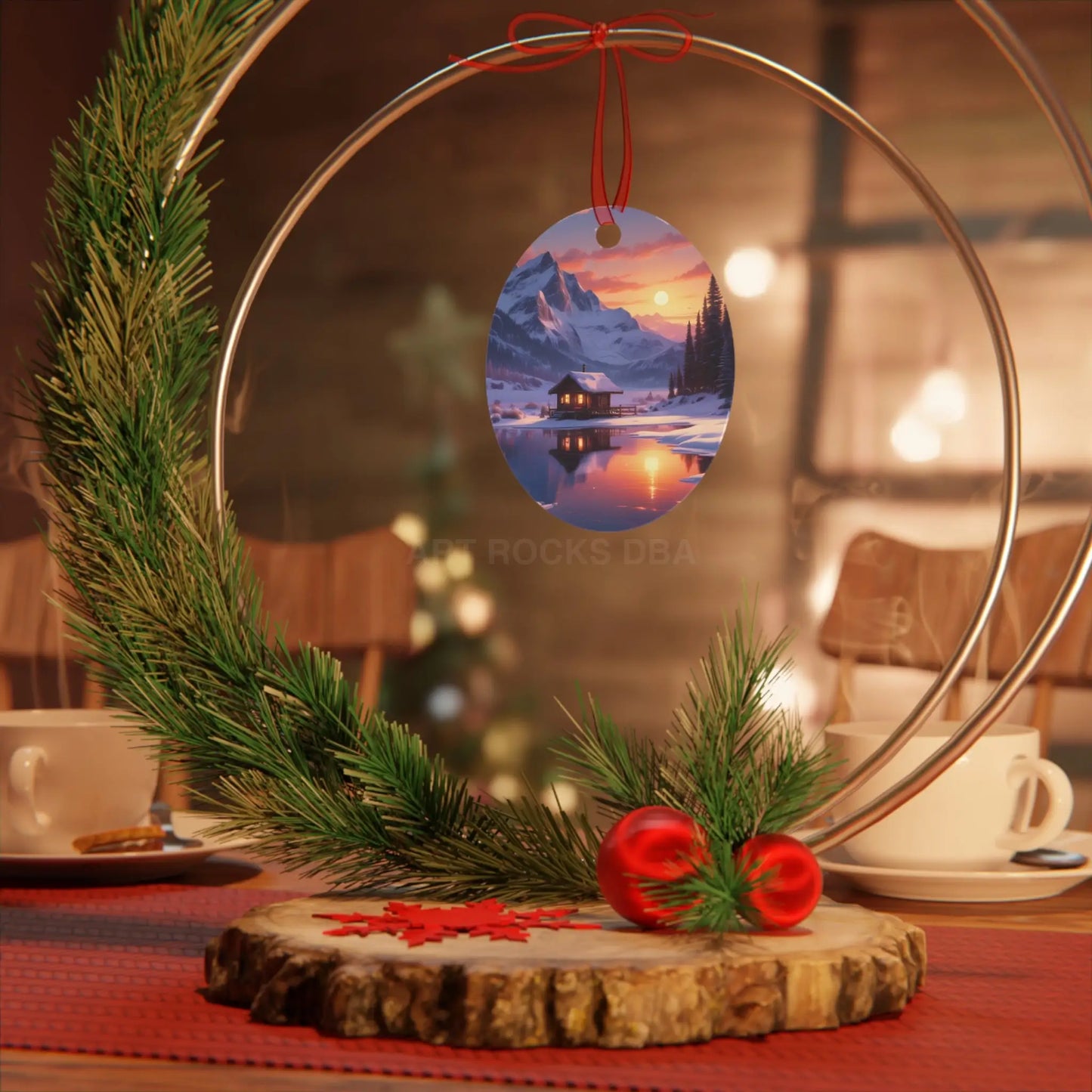 Metal Ornament — Cozy Mountain Cabin Winter Sunset Holiday Decor - Home Decor