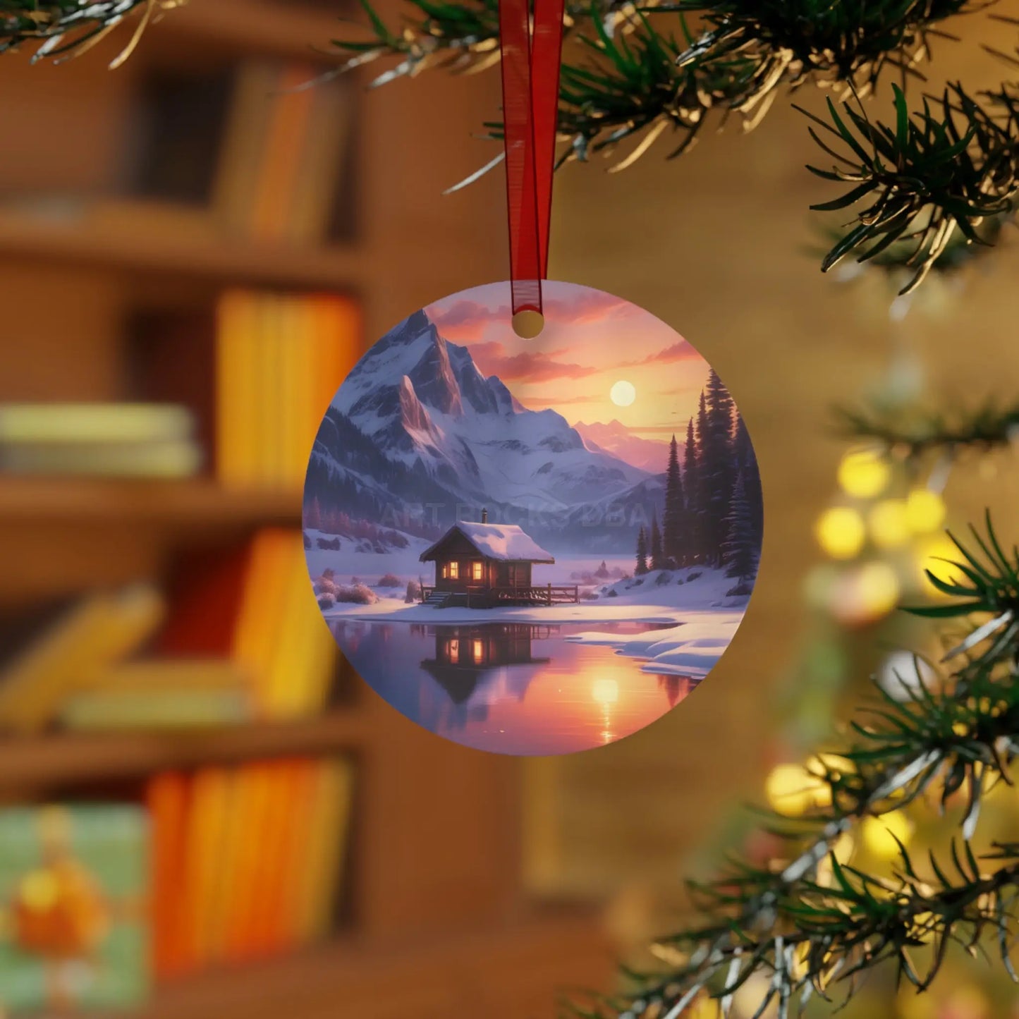Metal Ornament — Cozy Mountain Cabin Winter Sunset Holiday Decor - Home Decor