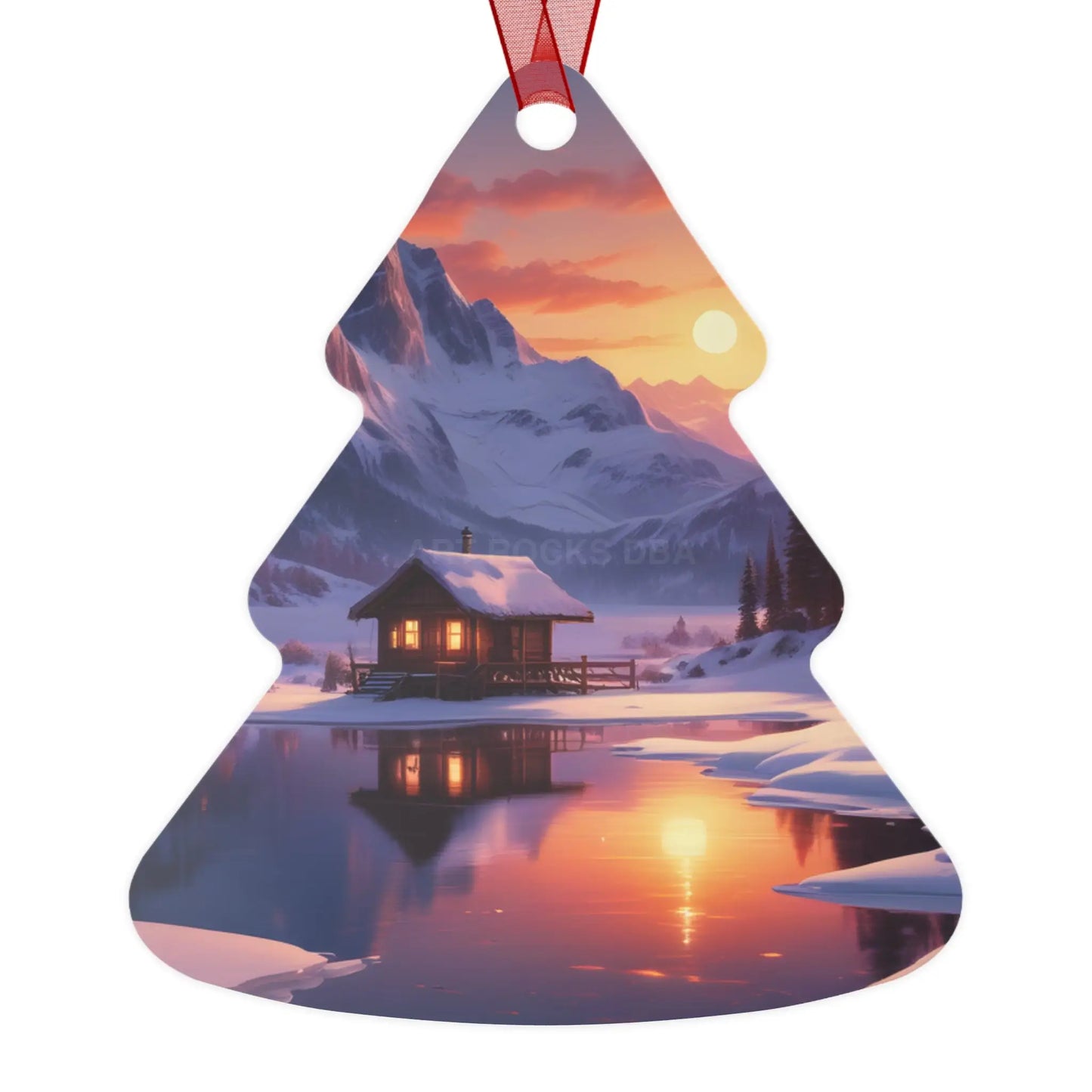 Metal Ornament — Cozy Mountain Cabin Winter Sunset Holiday Decor - Home Decor