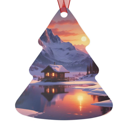 Metal Ornament — Cozy Mountain Cabin Winter Sunset Holiday Decor - Home Decor