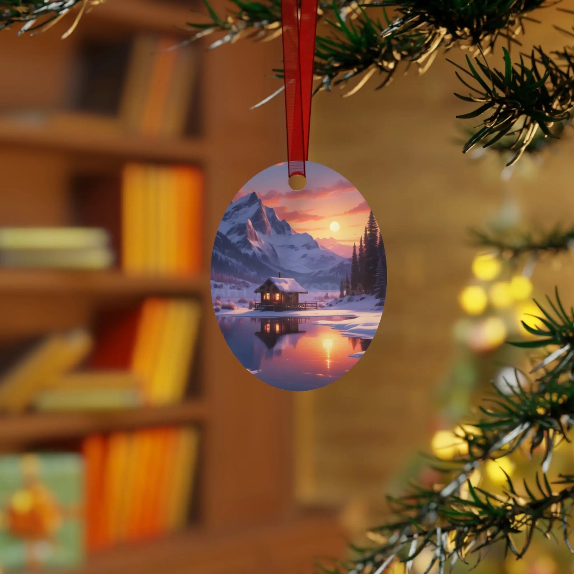 Metal Ornament — Cozy Mountain Cabin Winter Sunset Holiday Decor - Home Decor