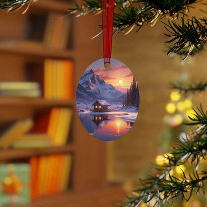 Metal Ornament — Cozy Mountain Cabin Winter Sunset Holiday Decor - Home Decor