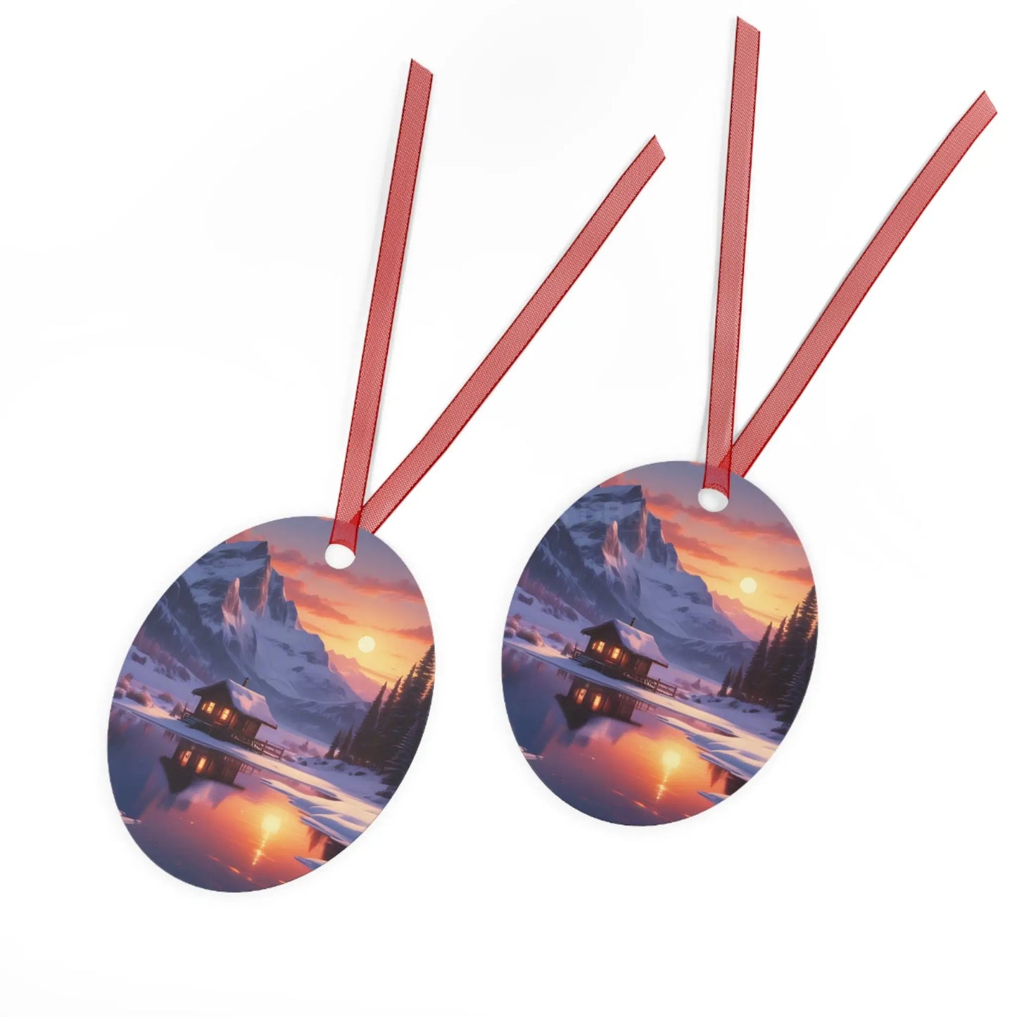 Metal Ornament — Cozy Mountain Cabin Winter Sunset Holiday Decor - Home Decor