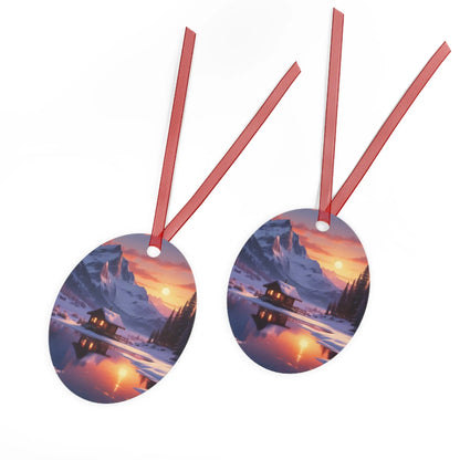 Metal Ornament — Cozy Mountain Cabin Winter Sunset Holiday Decor - Home Decor