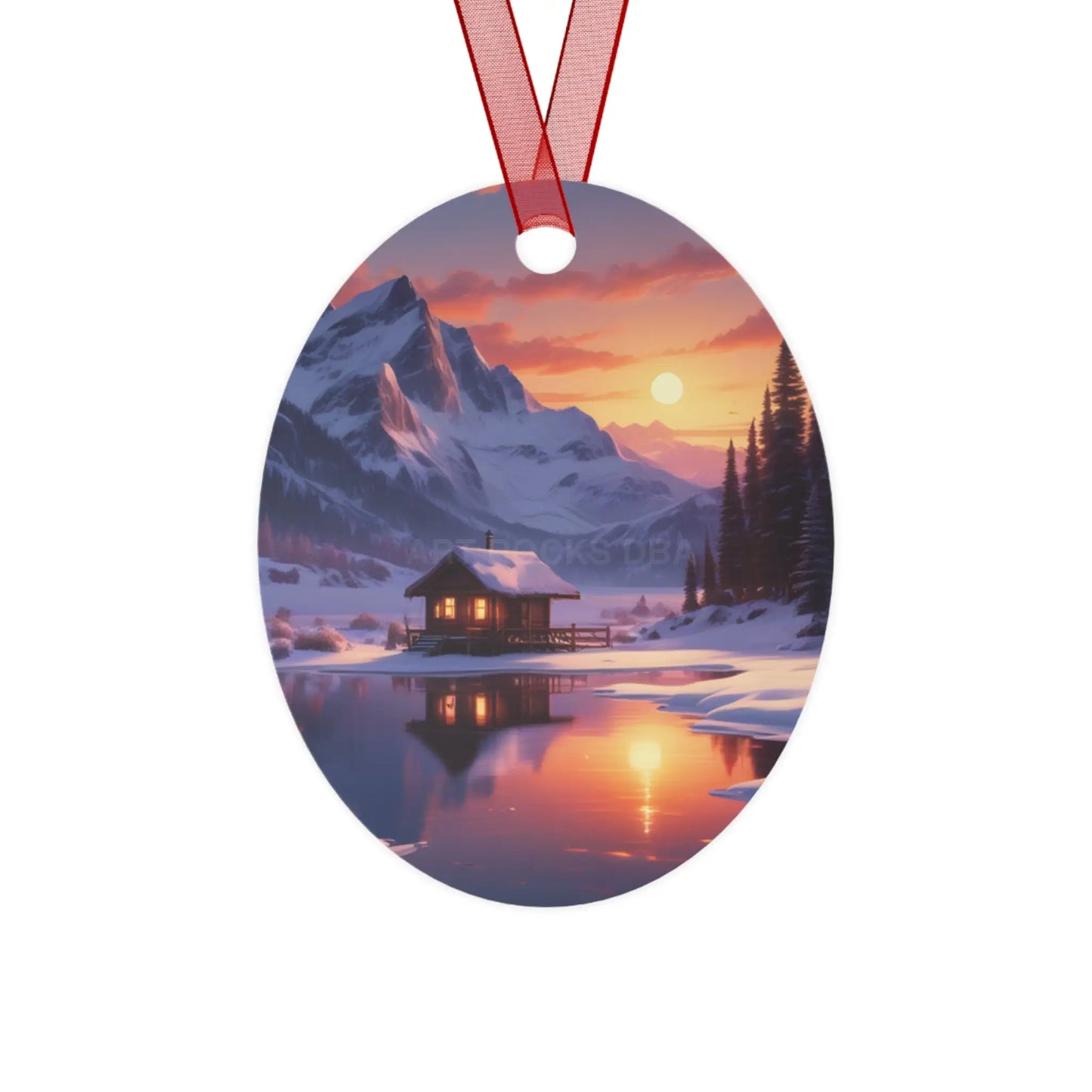 Metal Ornament — Cozy Mountain Cabin Winter Sunset Holiday Decor - Oval / One Size - Home Decor