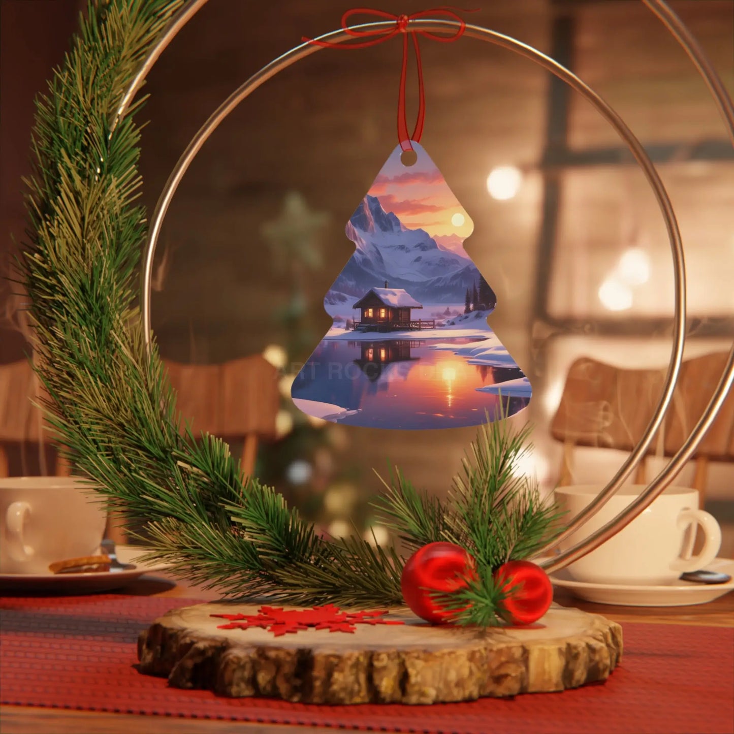 Metal Ornament — Cozy Mountain Cabin Winter Sunset Holiday Decor - Tree / One Size - Home Decor