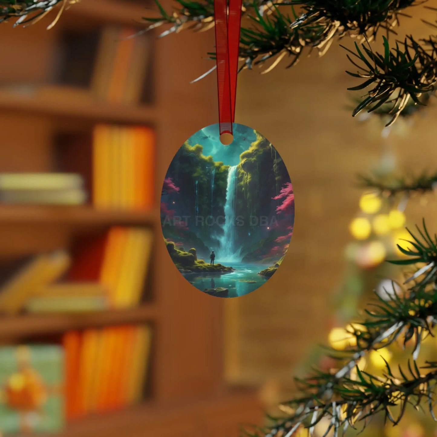 Metal Ornament — Fantasy Waterfall Scene Ornament - Oval / One Size - Home Decor