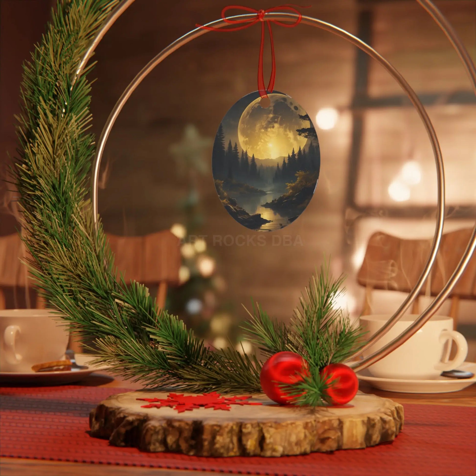 Metal Ornament — Golden Moonlit Forest Holiday Decoration - Home Decor