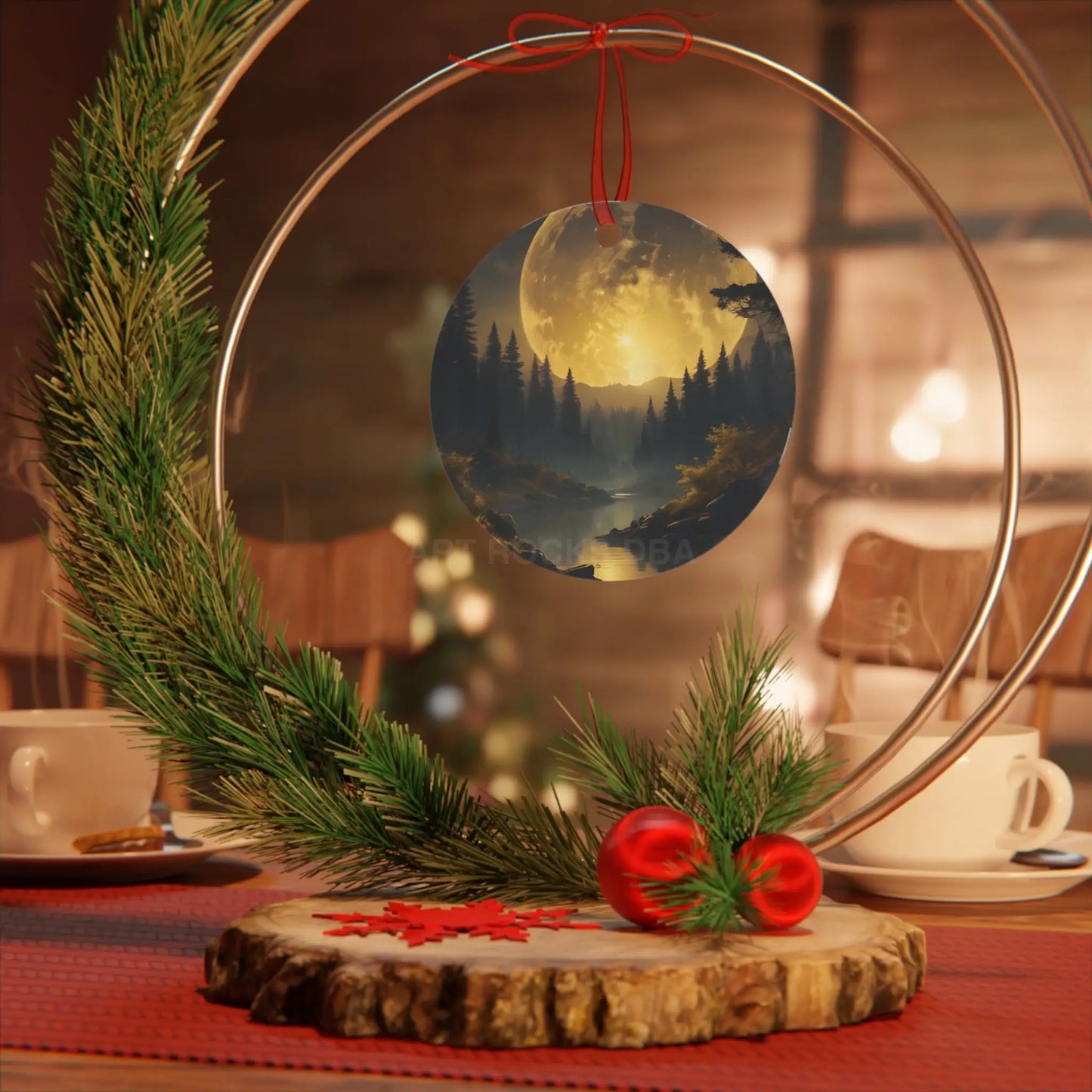 Metal Ornament — Golden Moonlit Forest Holiday Decoration - Home Decor