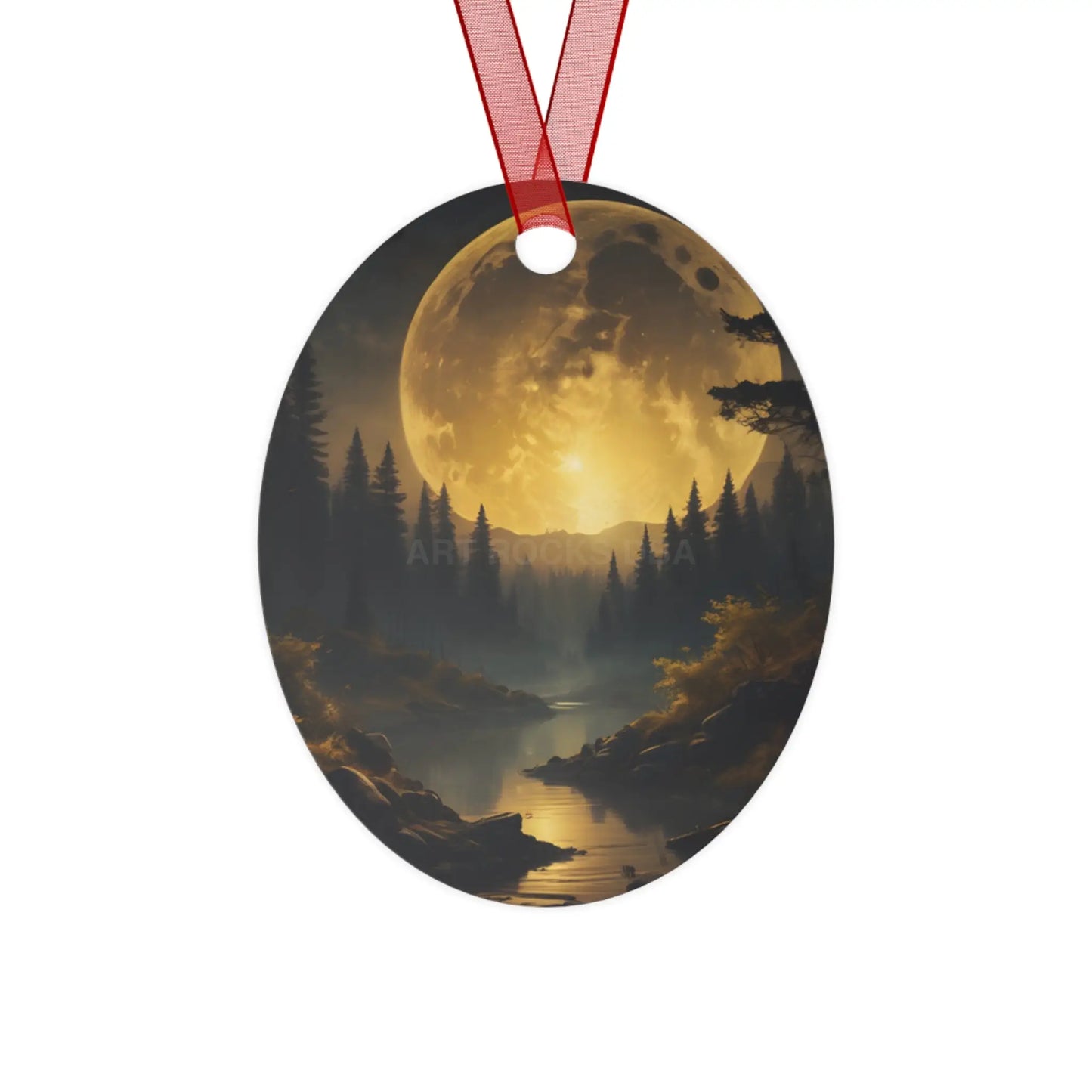 Metal Ornament — Golden Moonlit Forest Holiday Decoration - Oval / One Size - Home Decor