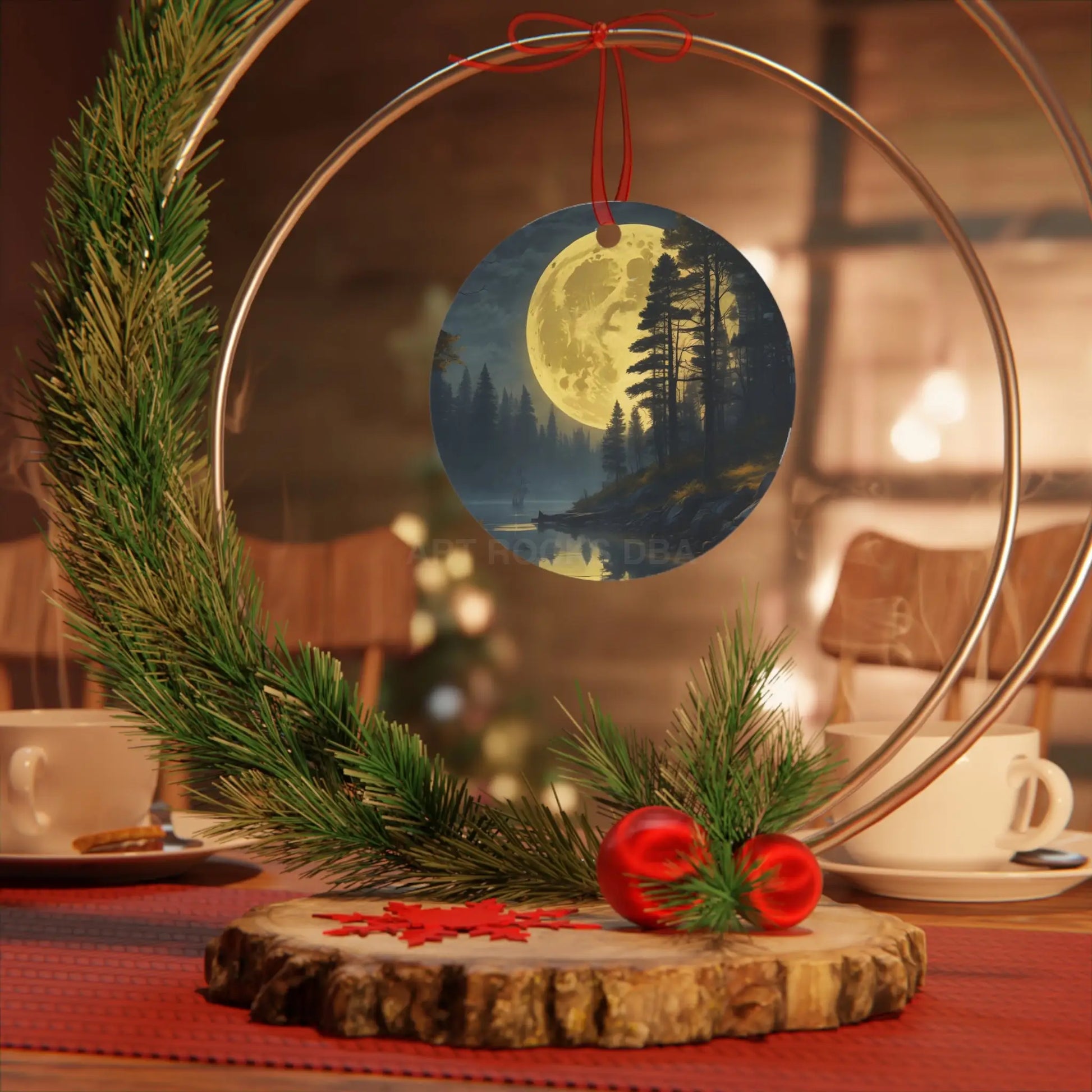 Metal Ornament — Moonlit Forest Over the Lake | Scenic Nature Christmas Decoration - Home Decor