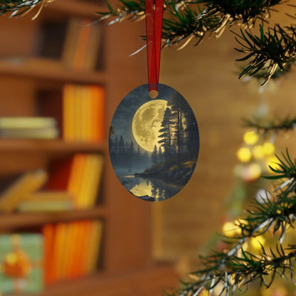Metal Ornament — Moonlit Forest Over the Lake | Scenic Nature Christmas Decoration - Home Decor
