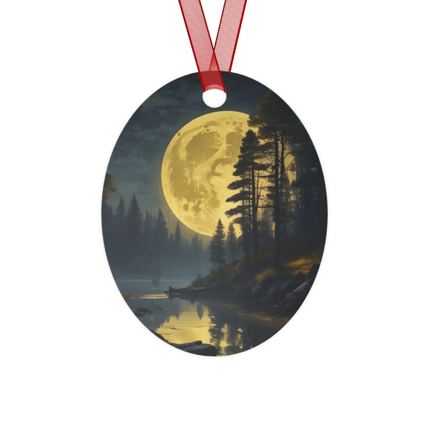 Metal Ornament — Moonlit Forest Over the Lake | Scenic Nature Christmas Decoration - Oval / One Size - Home Decor