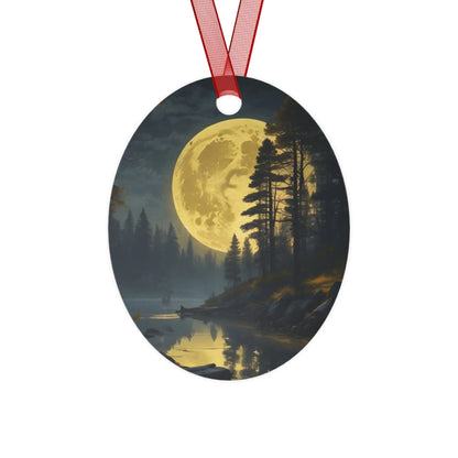 Metal Ornament — Moonlit Forest Over the Lake | Scenic Nature Christmas Decoration - Oval / One Size - Home Decor