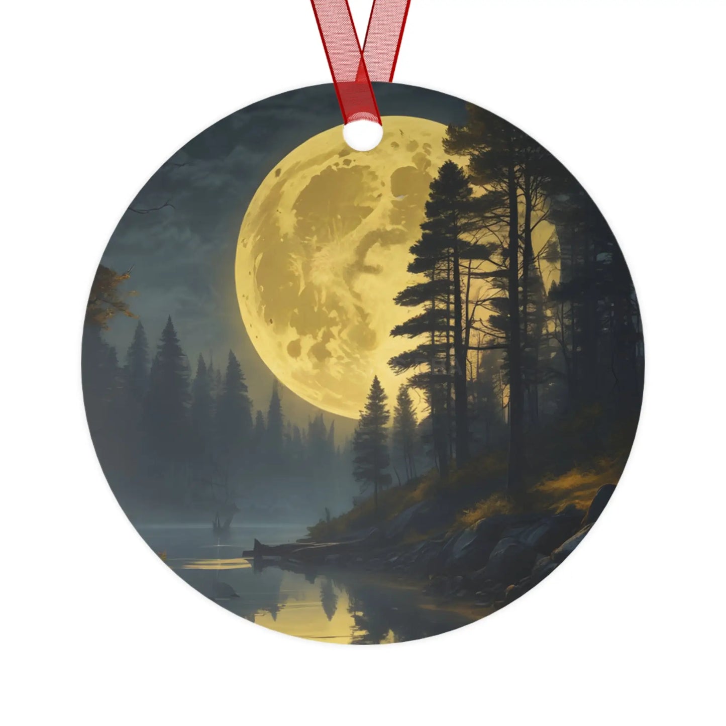 Metal Ornament — Moonlit Forest Over the Lake | Scenic Nature Christmas Decoration - Round / One Size - Home Decor
