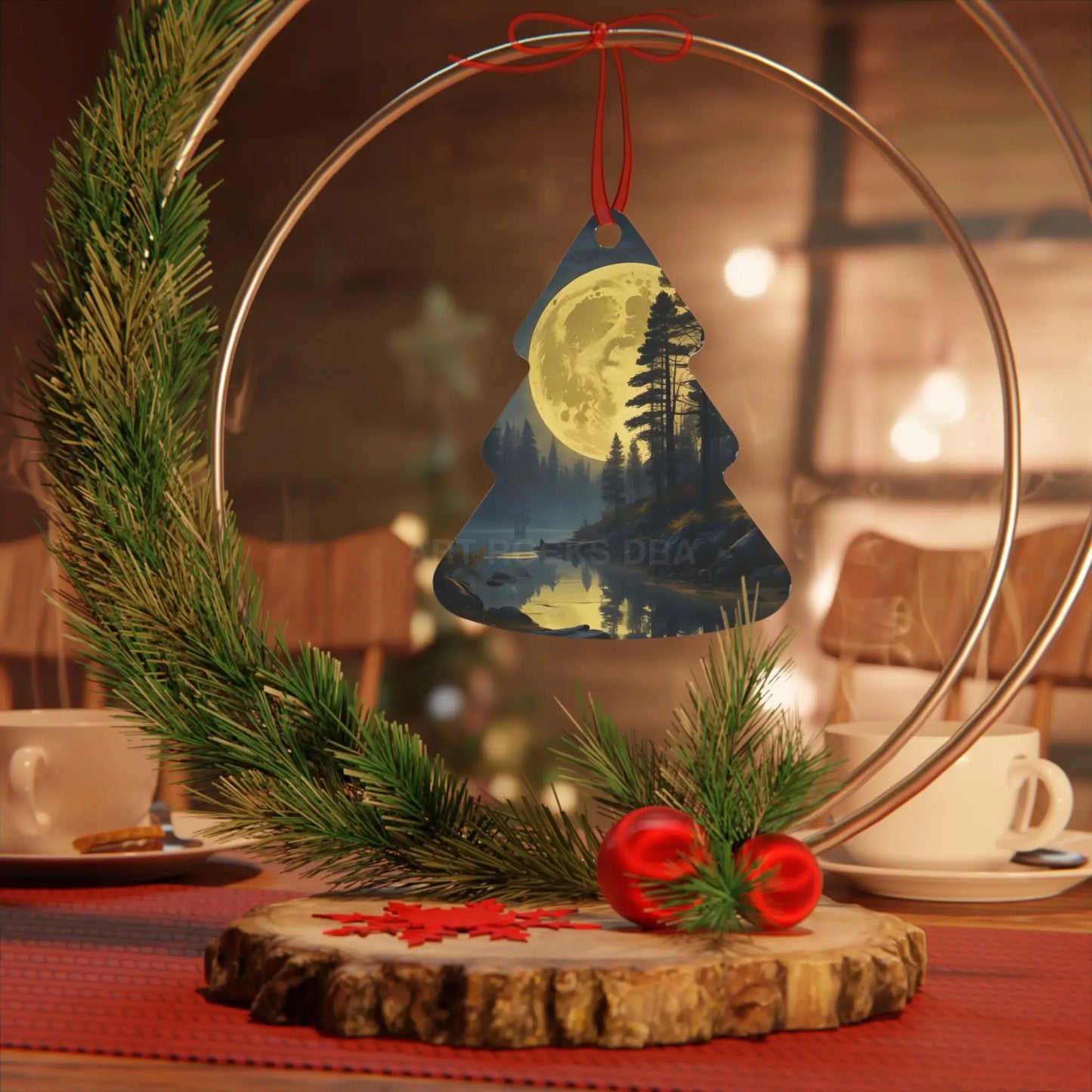 Metal Ornament — Moonlit Forest Over the Lake | Scenic Nature Christmas Decoration - Home Decor