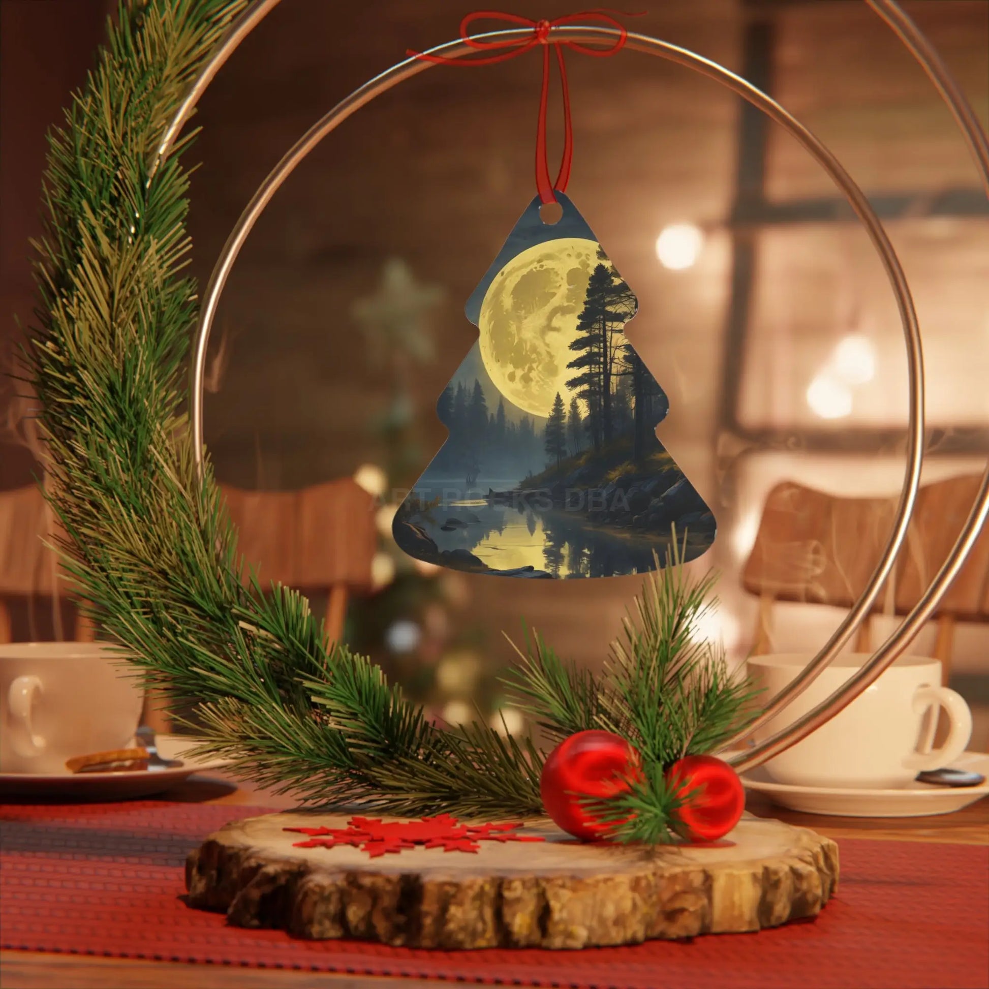 Metal Ornament — Moonlit Forest Over the Lake | Scenic Nature Christmas Decoration - Home Decor